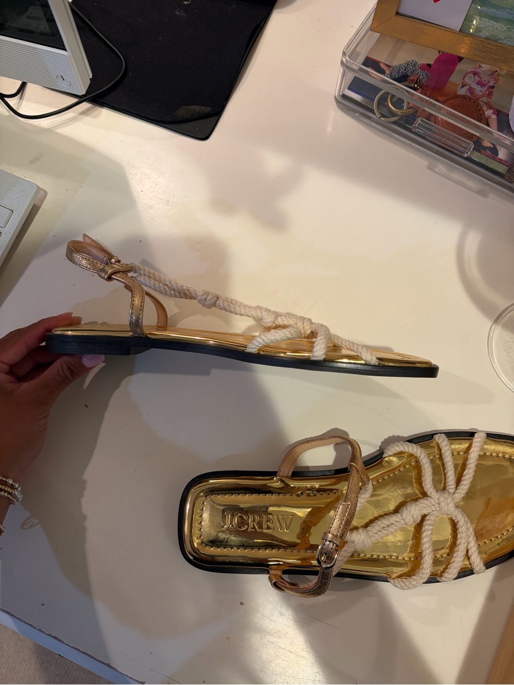 J. Crew Gold Metallic Footbed White Rope T-Strap Sandals - Picture 5 of 6